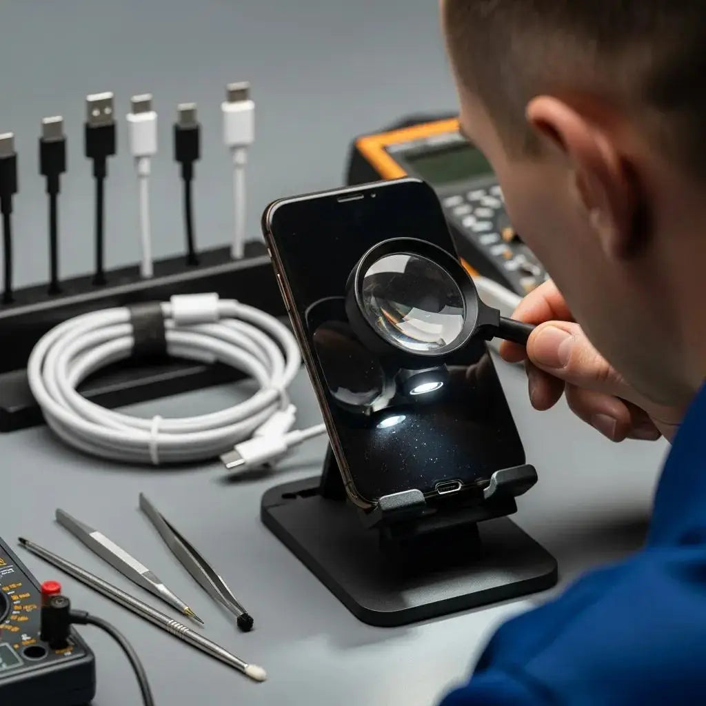 Technician inspecting a smartphone charging port for repair
