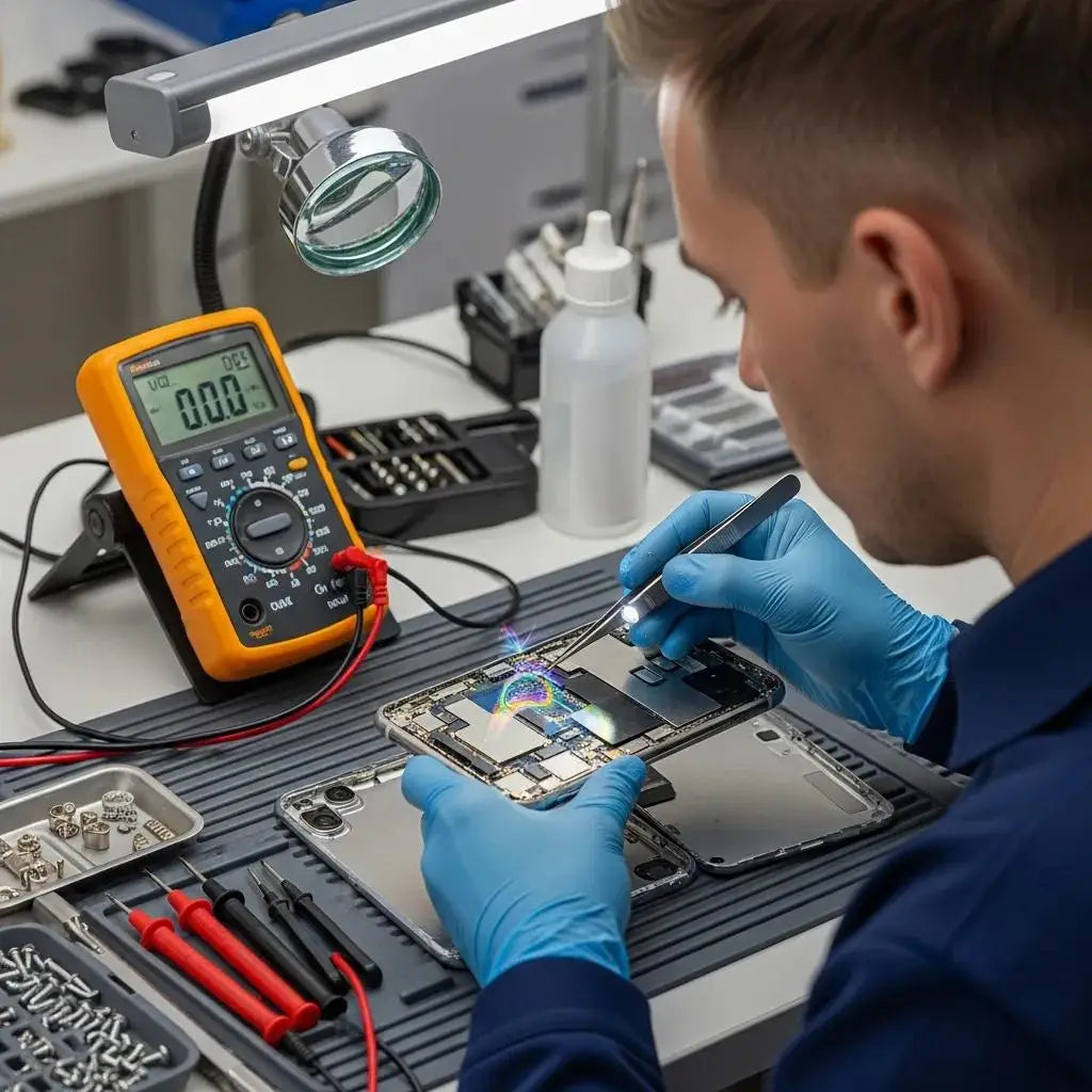 Technician inspecting a phone for water damage at Ipace Electronics