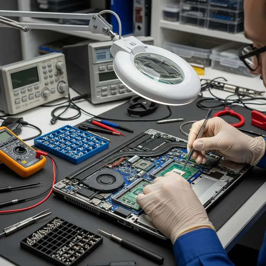 Technician repairing a laptop, showcasing internal components and tools