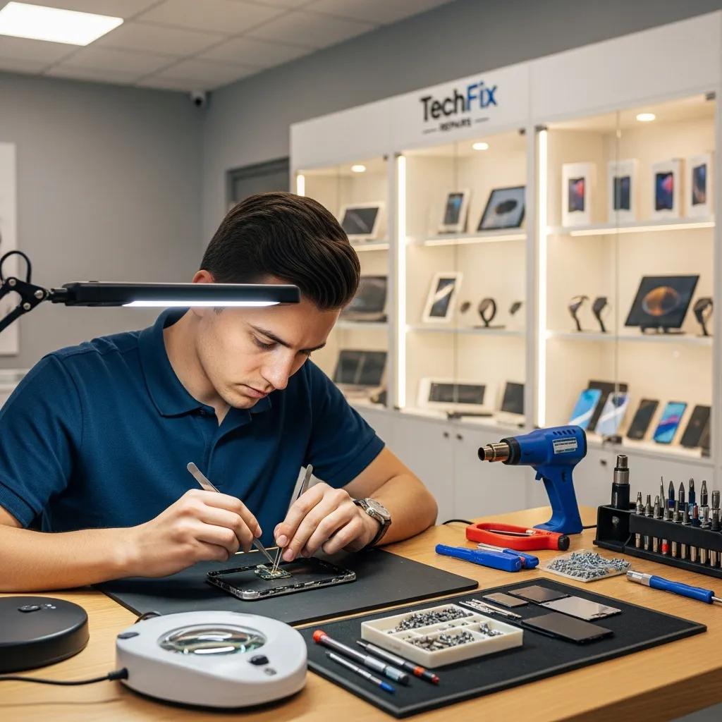 Technician repairing a smartphone in a modern electronics repair shop