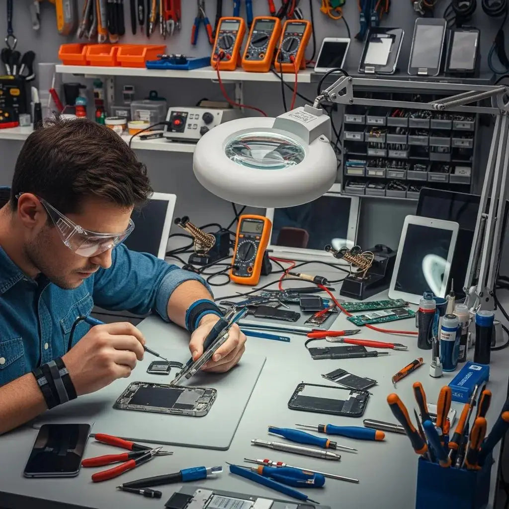 Technician repairing a smartphone in a professional repair shop