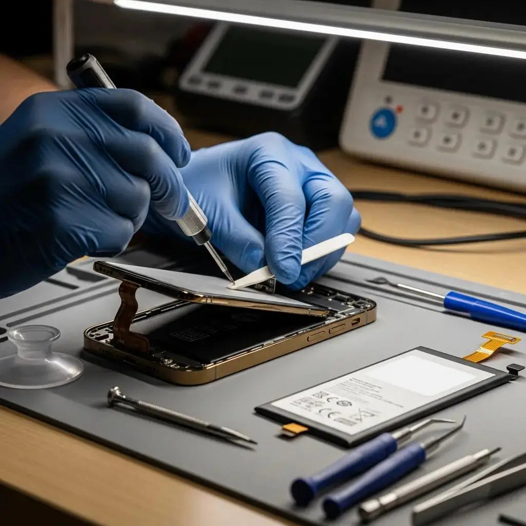 Technician replacing a smartphone battery in a professional repair setting