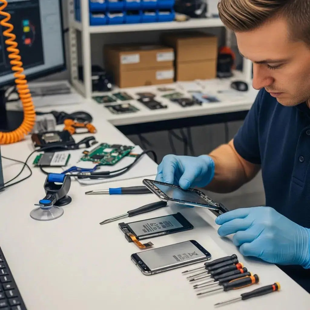 Technician replacing a smartphone battery, showcasing phone repair services