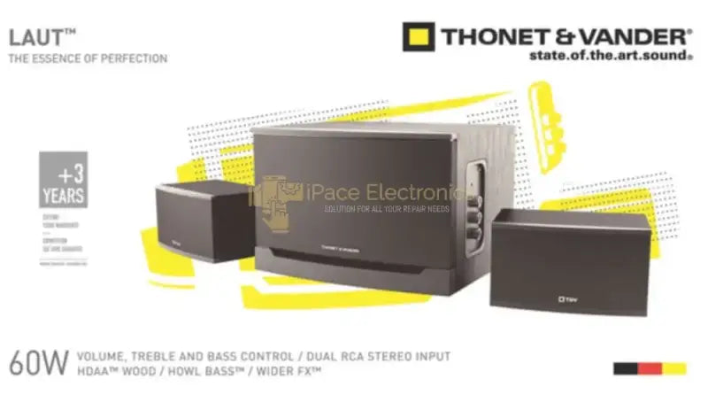 Thonet & Vander multimedia speaker system with volume and bass control featuring dual RCA stereo input