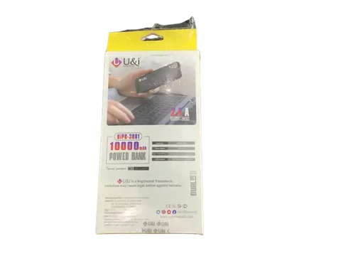 U&i 10000mAh power bank packaged with features for fast charging and multiple device compatibility
