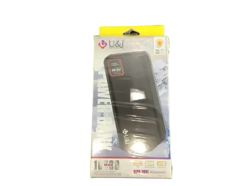 U&i 10000mAh power bank packaged with features for fast charging and multiple device compatibility