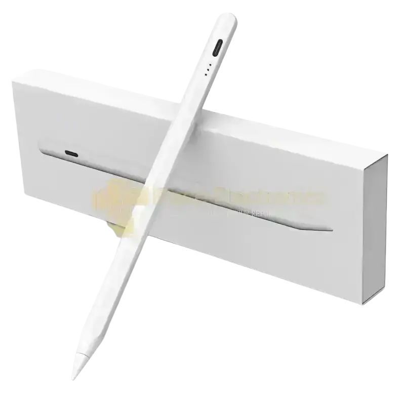 White universal stylus pen with sensitive touch technology and tilt sensitivity resting diagonally on its matching box