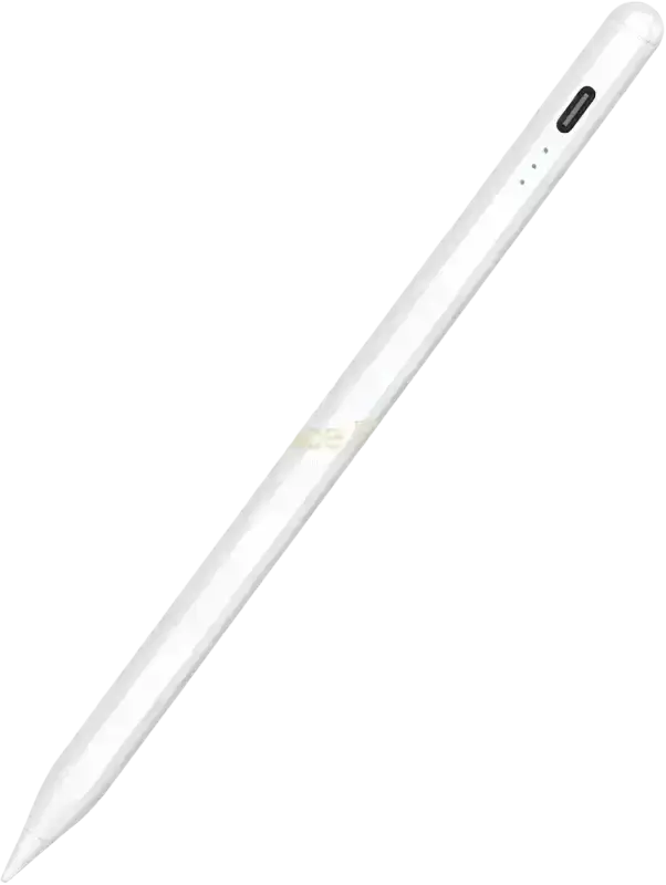 White universal stylus pen with sensitive touch technology and tilt sensitivity featuring a small black button for tablets