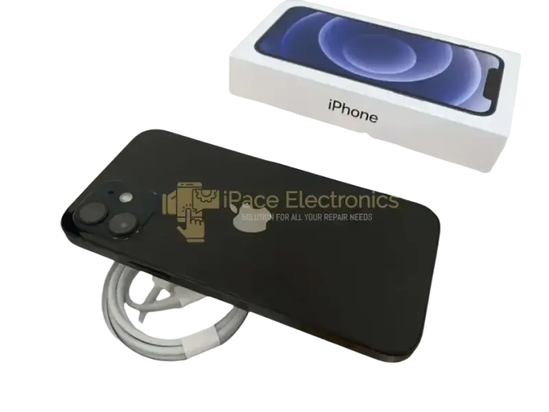 Unlocked iPhone 12 black 128GB with charging accessories and original box from iPace Electronics