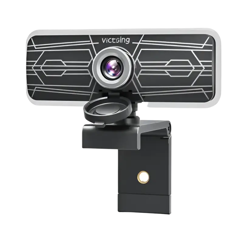Black and silver VicTsing PC317A 1080p webcam with sleek geometric design dual microphones and integrated privacy cover