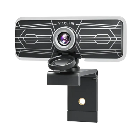 Black and silver VicTsing PC317A 1080p webcam with sleek geometric design dual microphones and integrated privacy cover