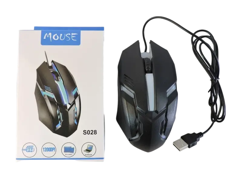 VIVEKPROCOM S028 black wired right handed optical gaming mouse with blue accent lighting and USB 3.0 cable
