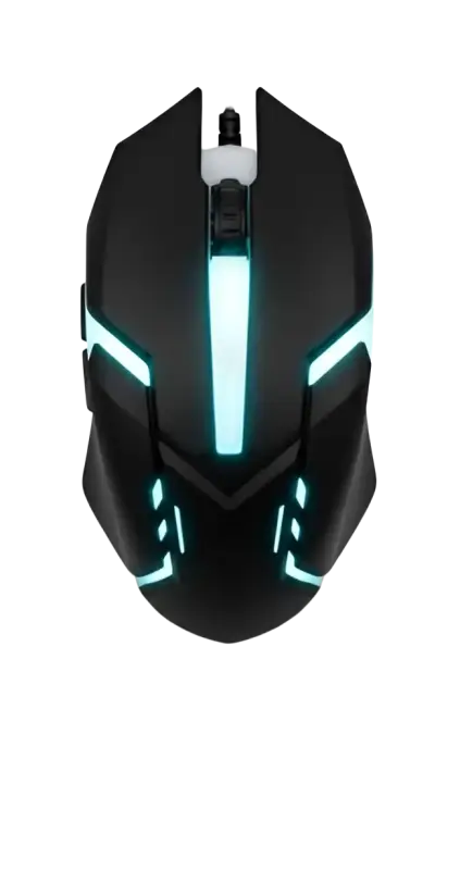 VIVEKPROCOM S028 wired black optical gaming mouse with glowing cyan LED accents for right handed use