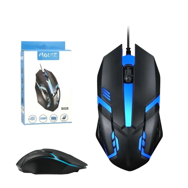 VIVEKPROCOM S028 black and blue wired optical gaming mouse with illuminated accents for right-handed use