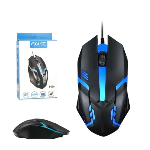 VIVEKPROCOM S028 black and blue wired optical gaming mouse with illuminated accents for right-handed use