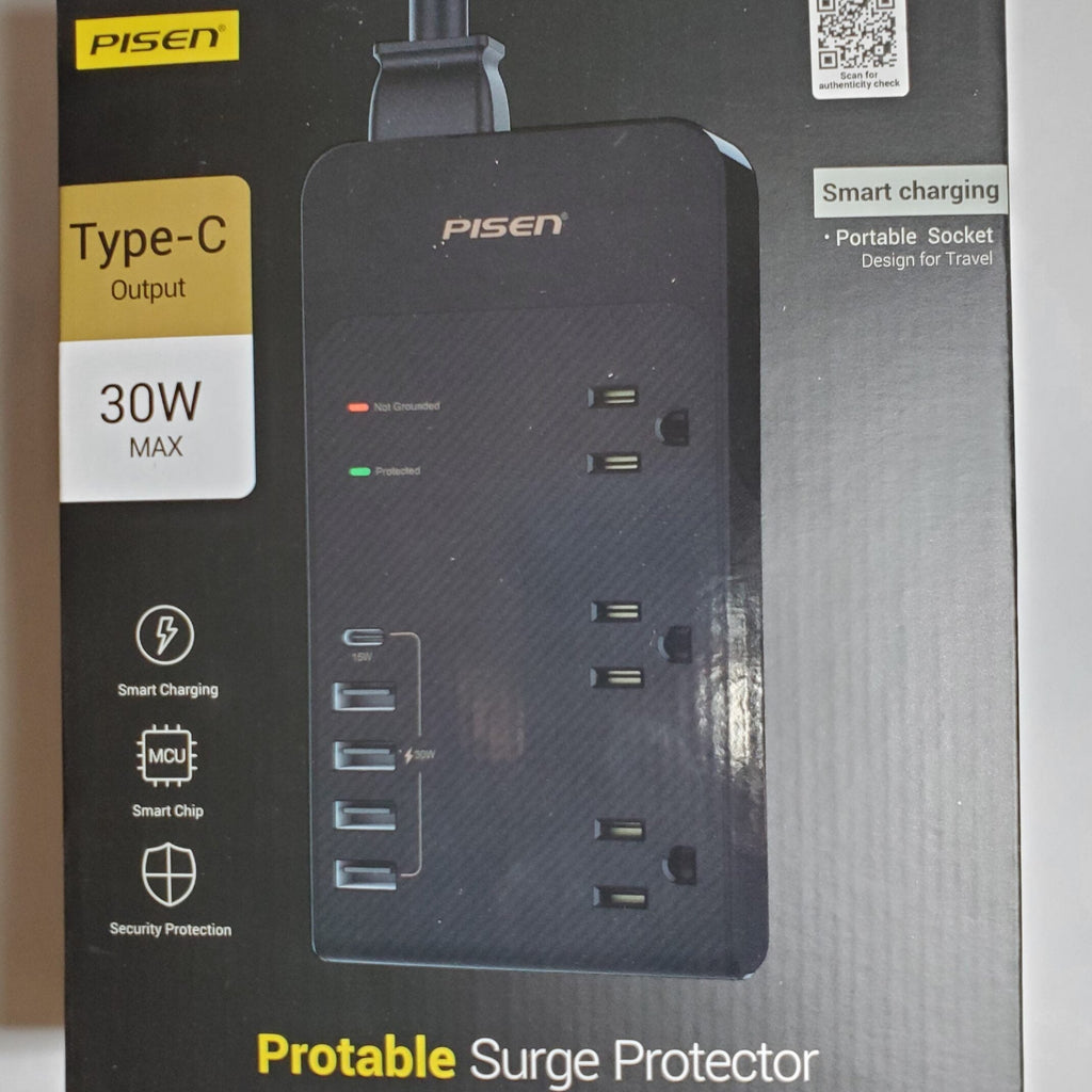 PISEN PORTABLE SURGE PROTECTOR WITH 4 USB TYPE-A, 1 TYPE-C PORTS 6A MAX 30W MAX WITH CORD PLUS 3 POWER OUTLETS